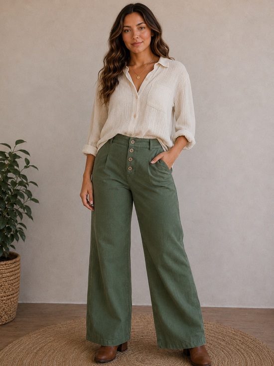 LOFT Pants - LOFT Green Button-Front Straight-Leg Chinos